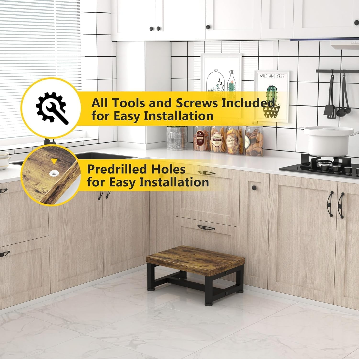 Wooden Foot One Step Stool Adult Elderly Senior Kid Toddler High Bedside Kitchen Bathroom Dorm Small Portable Chair Outdoor Modern Wide Bench Little Toilet Bathtub Metal Stair Helper Heavy Duty 6 Inch - Brown image number 3