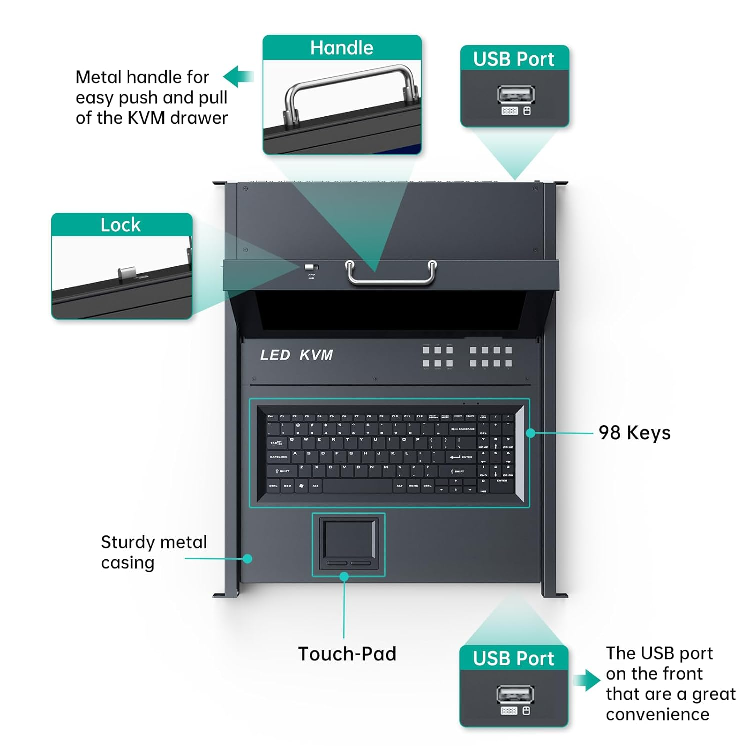 17" LCD KVM Switch 8 Port VGA, MT-VIKI 8X1 USB VGA KVM Console Drawer Rackmount for 1U 19" Rack + 8-Pack KVM Cables image number 6