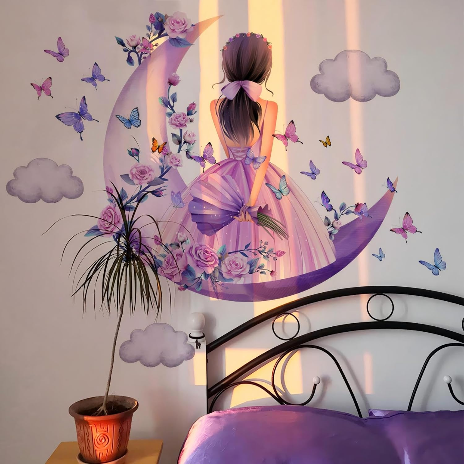 Butterfly Girl Wall Sticker, Moon Clouds Flower Fairy Wall Decal, Pink Floral Photo Wallpaper, Colourful Butterflies Wall Decoration, Wall Art for Girls, Baby, Children'S Room, Bedroom