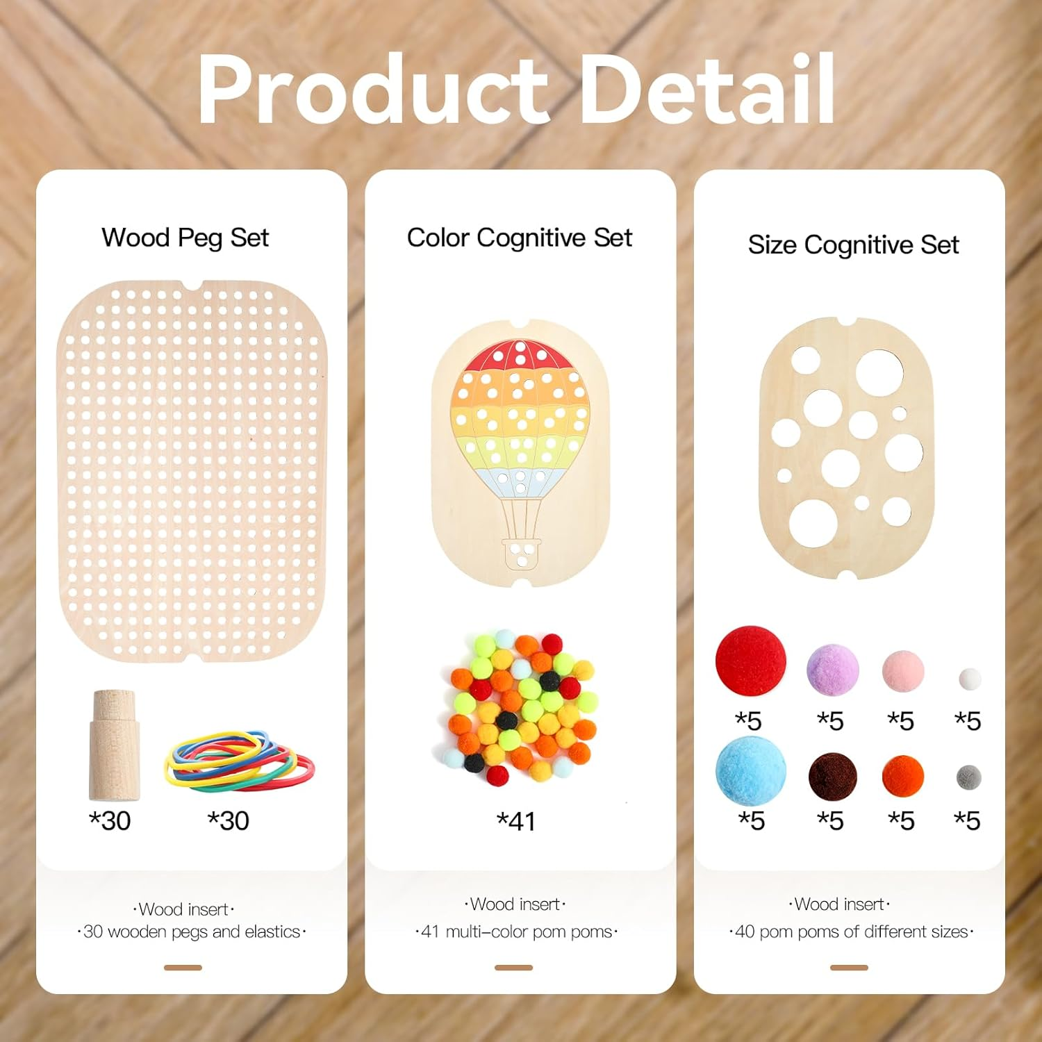 IEATFO 3-Pack Wooden Sensory Boards - Large and Small Storage Box Inserts - Pegboard, Size & Color Cognitive Boards - Include Wooden Pegs, Elastics, Pompoms(Suitable for IEATFO Sensory Tables) image number 3