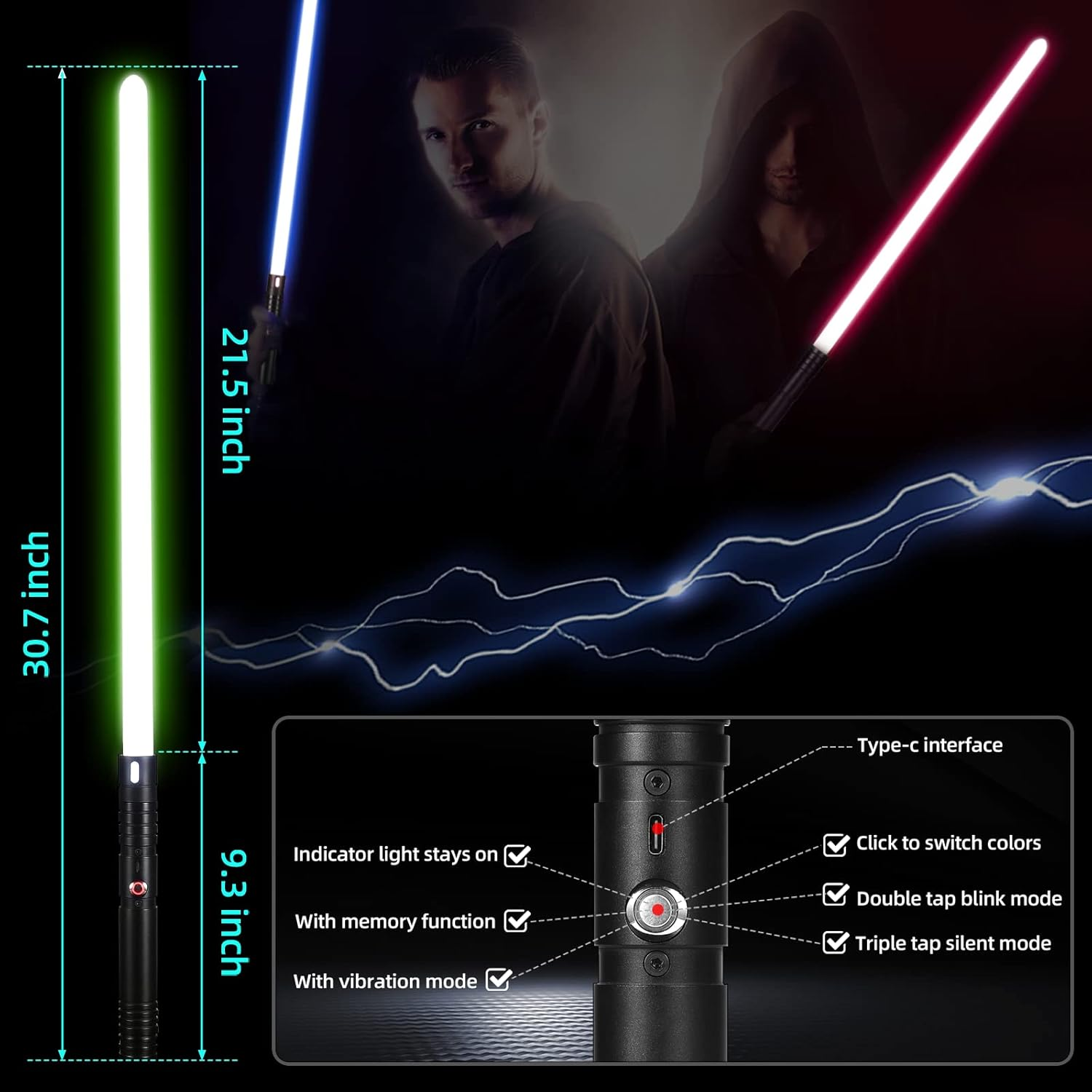 Oomyeh 2Pack FX Dueling Lightsaber Battle Sounds Metal Hilt 15 Colors Changeable 3 Modes 2 in 1 Light Sabers Perfect Christmas Halloween Present for Kids image number 3