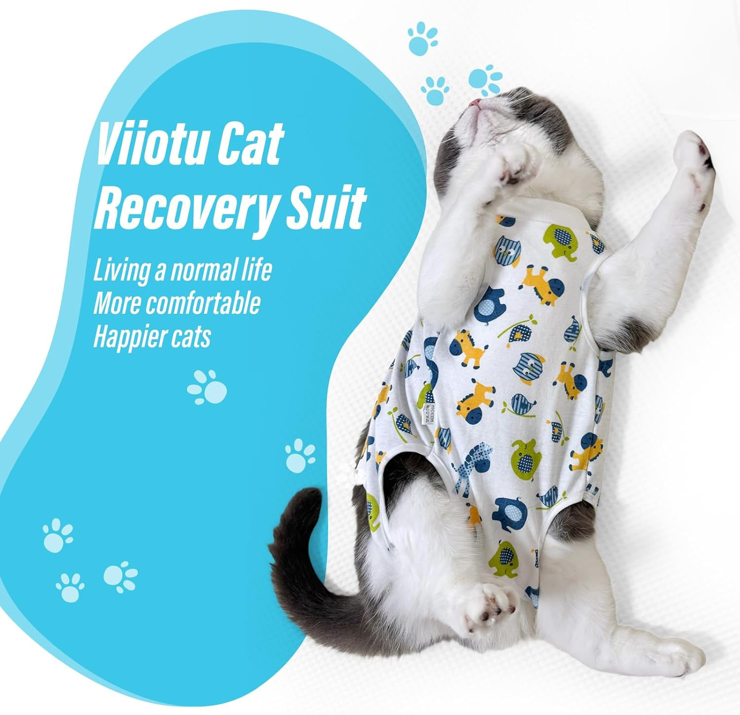 Viiotu Cat Recovery Suit Female, Kitten Onesie for Cats after Surgery, Breathable Soft Elastic Cat Clothes for Post-Surgery or Skin Diseases Protection,Cone of Shame Alternative (S, Blue Elephant)