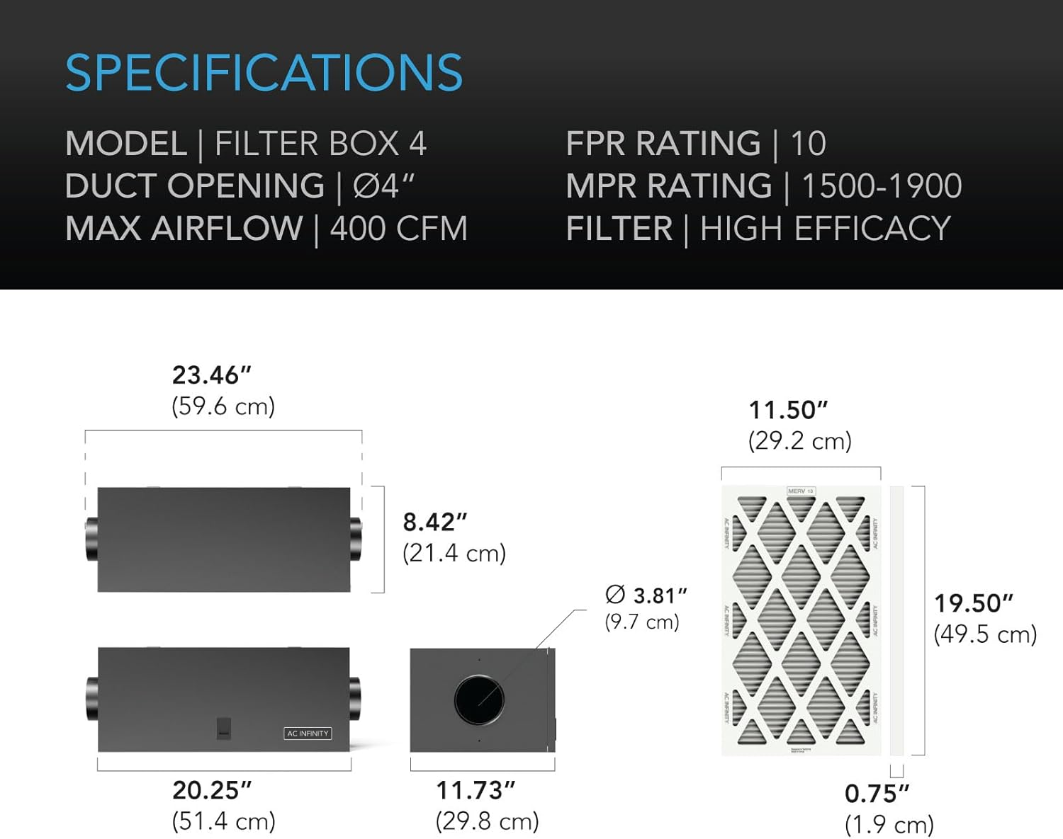 AC Infinity Inline Filter Box 4" with High Efficacy Filter, Whole House HVAC Filtration Kit, Fits 4-Inch Inline Duct Fans for Fresh Air Intake and Ventilation image number 5