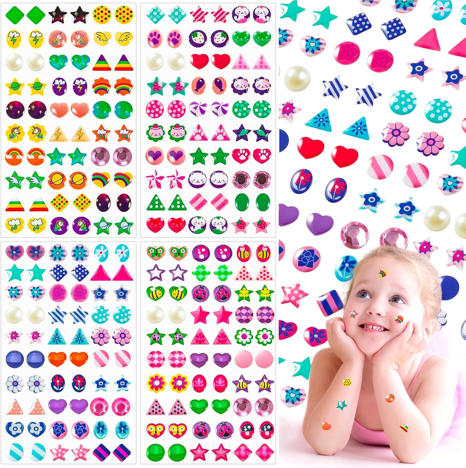 240PCS Sticker Earrings for Girls - 3D Gems Self-Adhesive Glitter Craft Crystal Stickers, Stick on Earrings for Toddlers image number 6