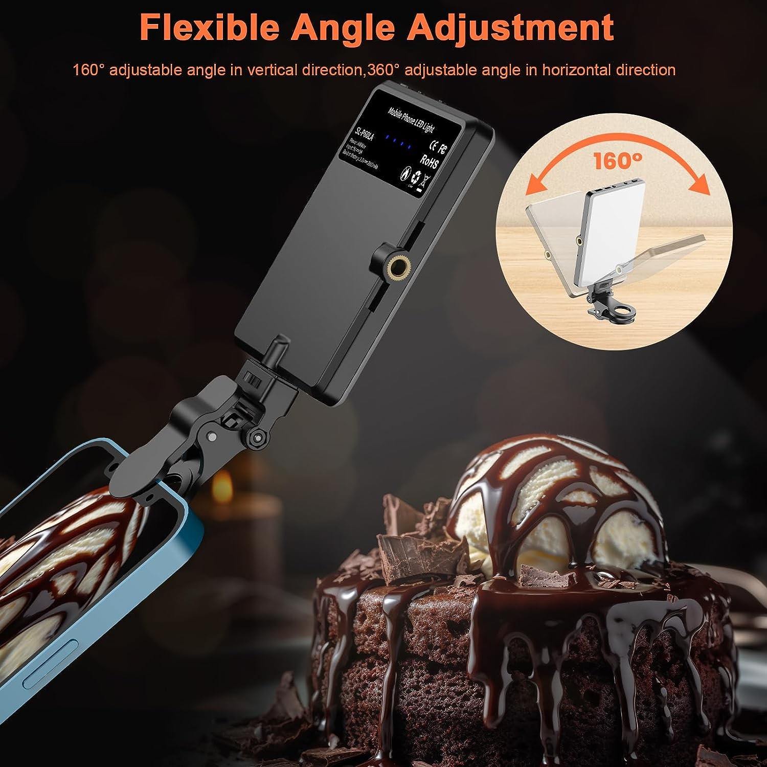 TONEOF Portable Selfie Light,Rechargable 60 LED Phone Light with Clip & Double 1/4" Screw Hole,3200K-6500K Dimmable Light for Iphone,Android,Laptop,Tablet,Selfie/Video Conference (Black, 60 LED) image number 1