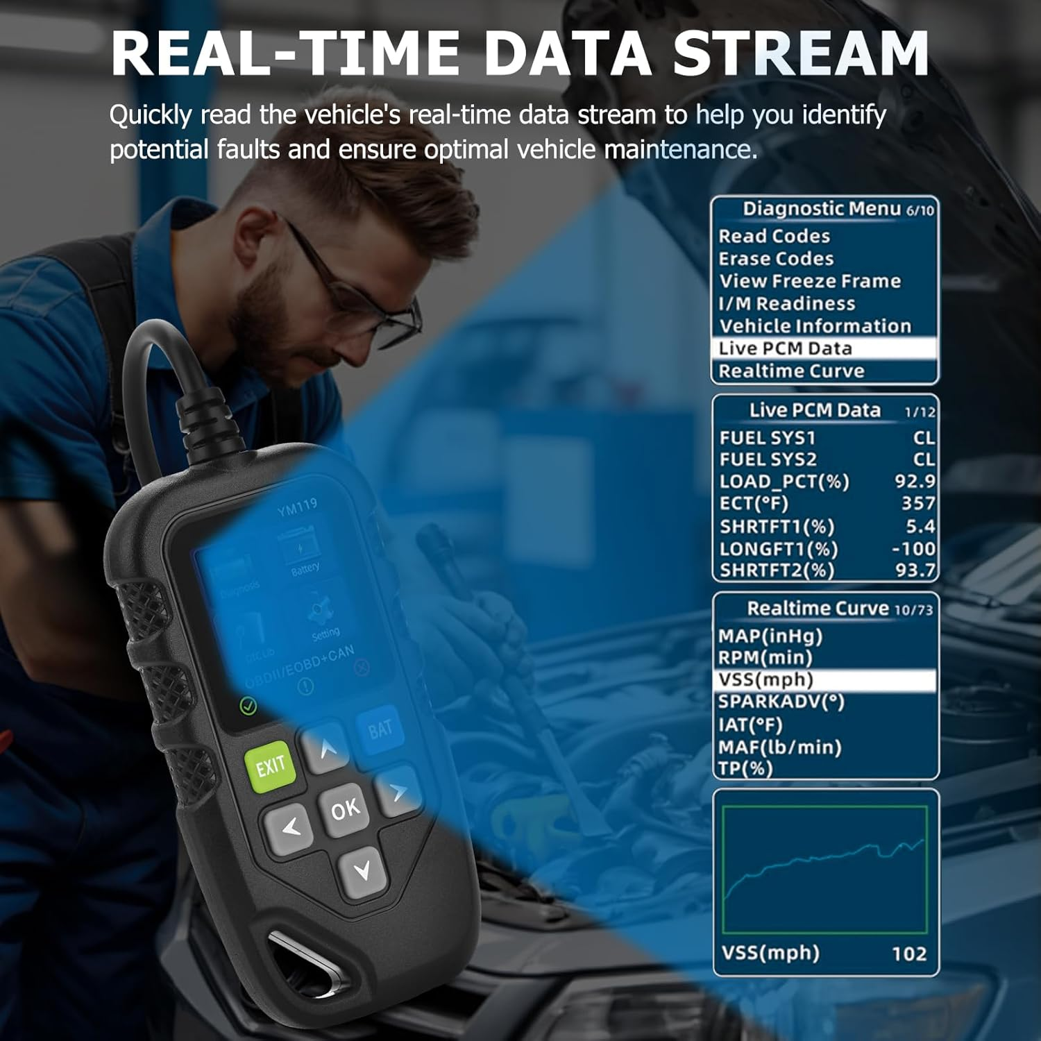 Amtake OBD2 Scanner, Car Diagnostic Tool Full OBD2 Functions, Code Reader, I/M Readiness, Battery Life Assessment, Check Engine Light, 13 Languages Automotive Diagnostic Tool for Cars after 1996 image number 3