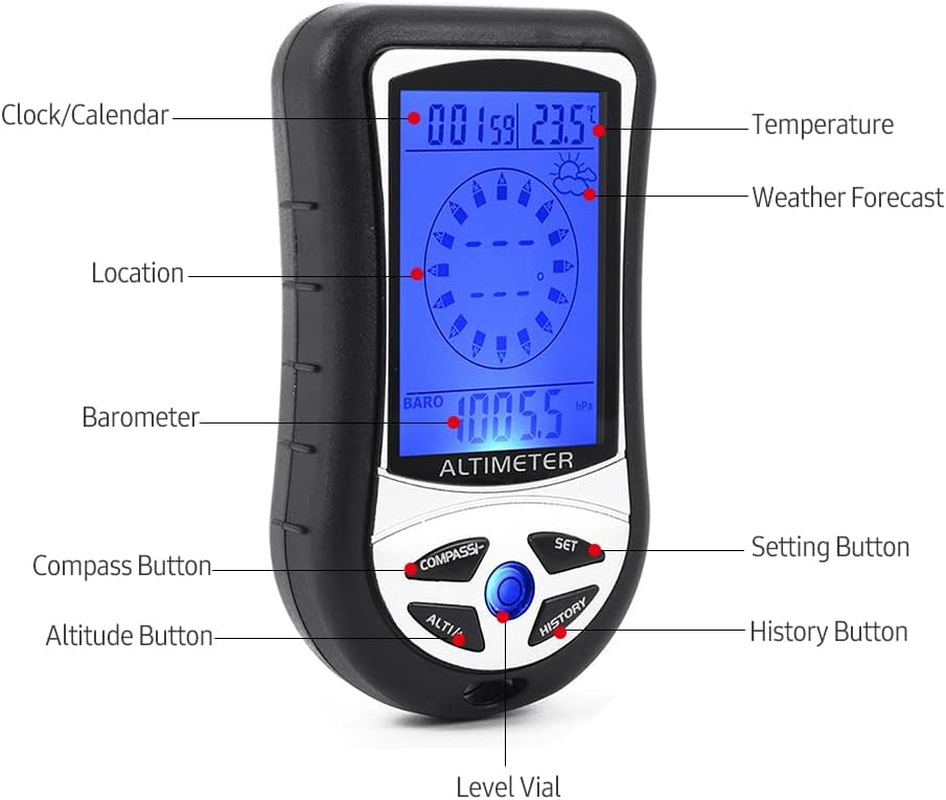 8-In-1 Multifunctional Electronic Altimeter Barometer LCD Digital Compass Thermometer Portable Handheld Height Gauge Weather Forecast Barometric Pressure Tester Air Gauge image number 5