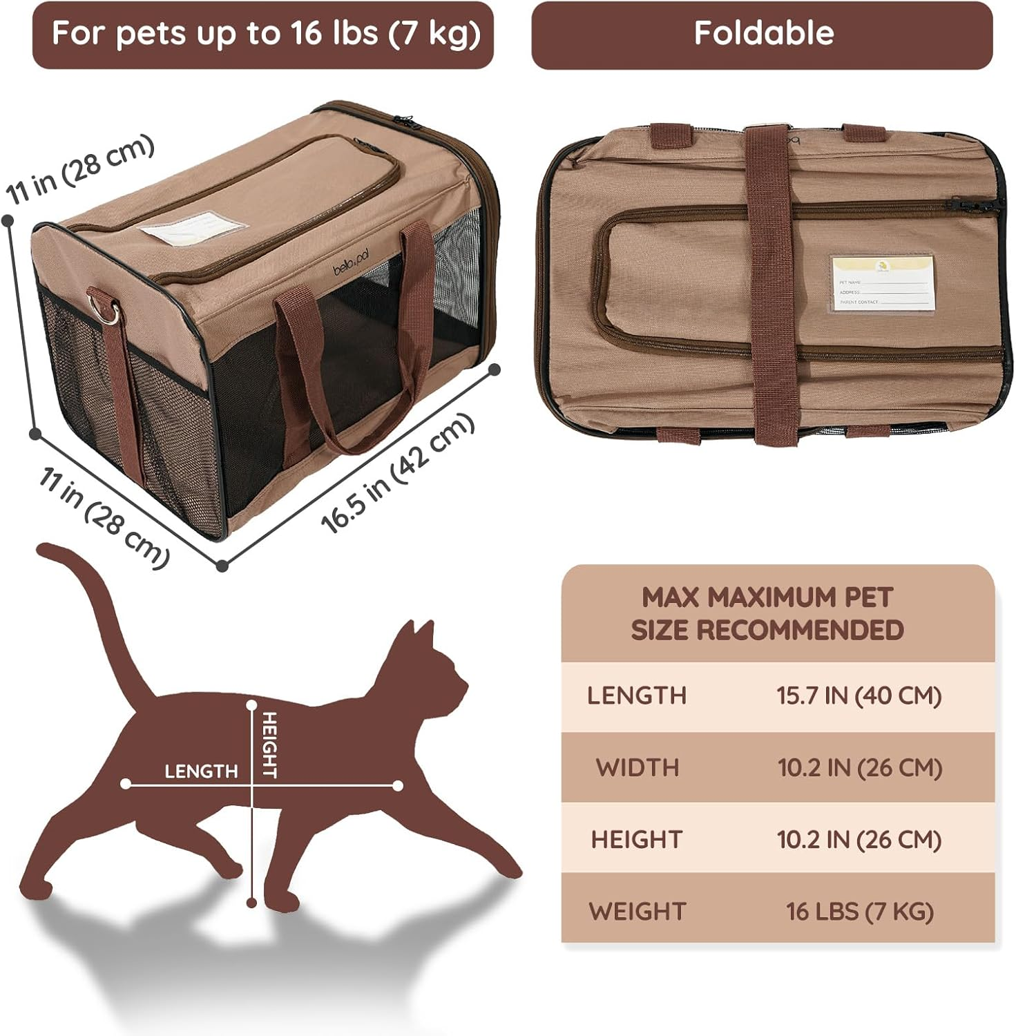 BELLA & PAL Cat Carrier Dog Carriers Airline Approved, Pet Carrier for Small Medium Dogs Cats under 16Lbs, Collapsible Soft Sided Travel Puppy Carrier (Brown, 16.5" L X 11" W X 11" H) image number 3