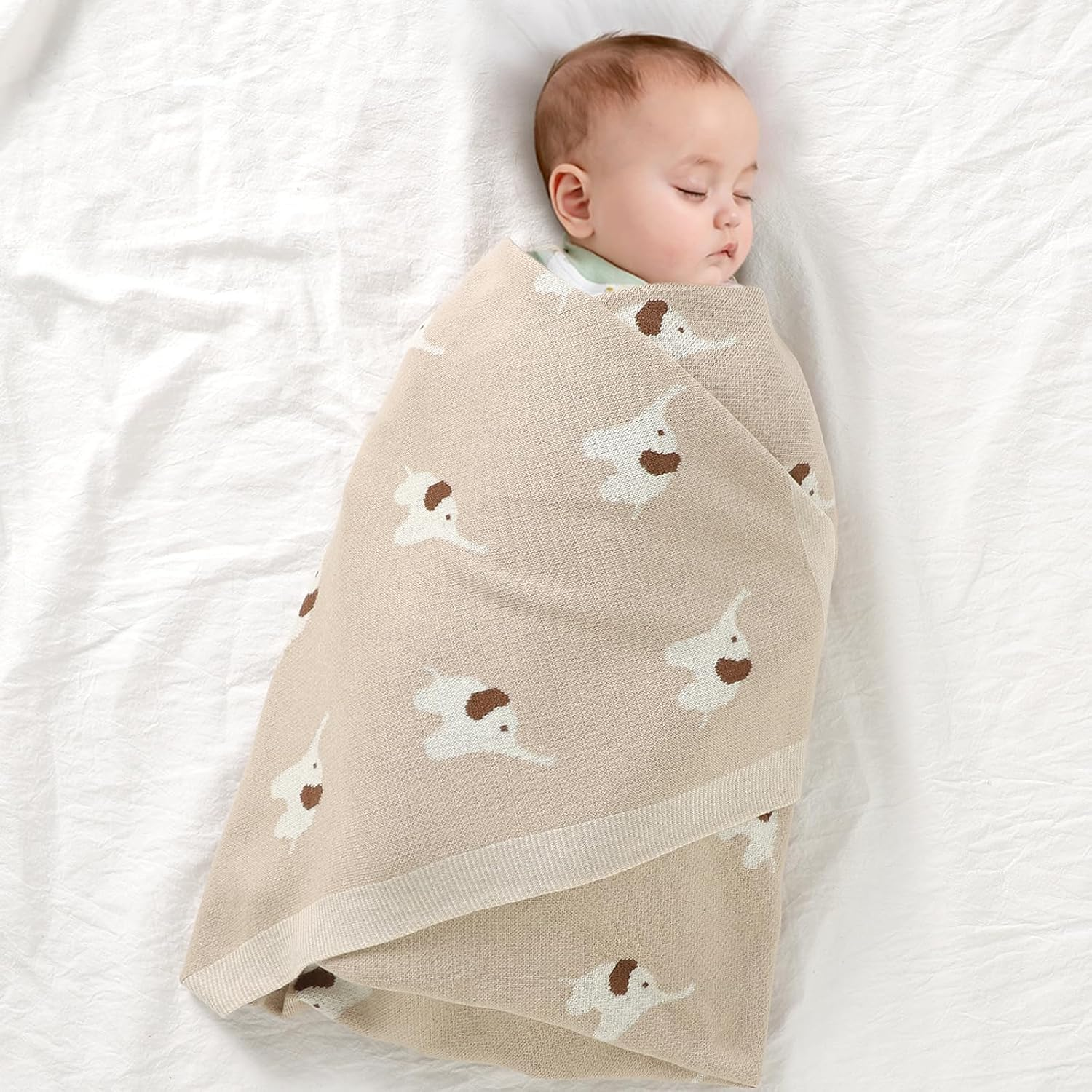 Hadetoto 100% Cotton Baby Blanket Knit Soft Cozy Swaddle Receiving Blankets Toddler Infant Blanket with Lovely Elephant for Newborn Boy Girls - Camel, 90 X 70Cm image number 4