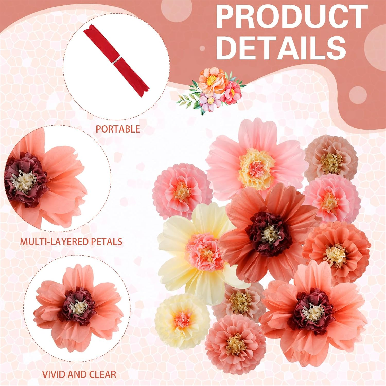 Crowye 24 Pcs Large Colorful Tissue Paper Flowers 20" Handcrafted Giant Fiesta Paper Flowers for Mexican Party Wedding Birthday Backdrop Baby Shower Nursery Craft Outdoor Wall Decor (Vivid Color)