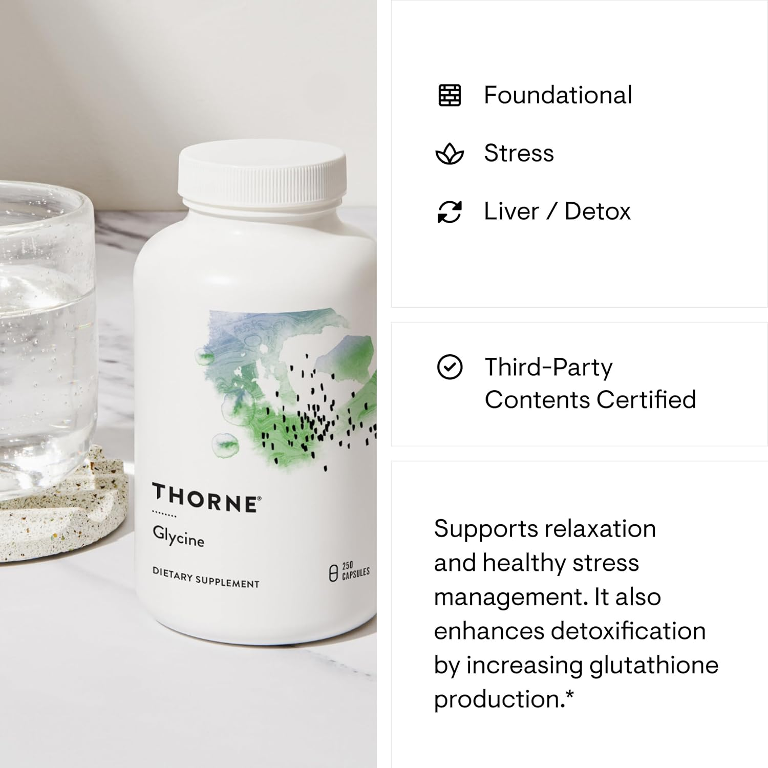Thorne Research - Glycine - Amino Acid Support for Relaxation, Detoxification, & Muscle Function - 250 Capsules image number 6