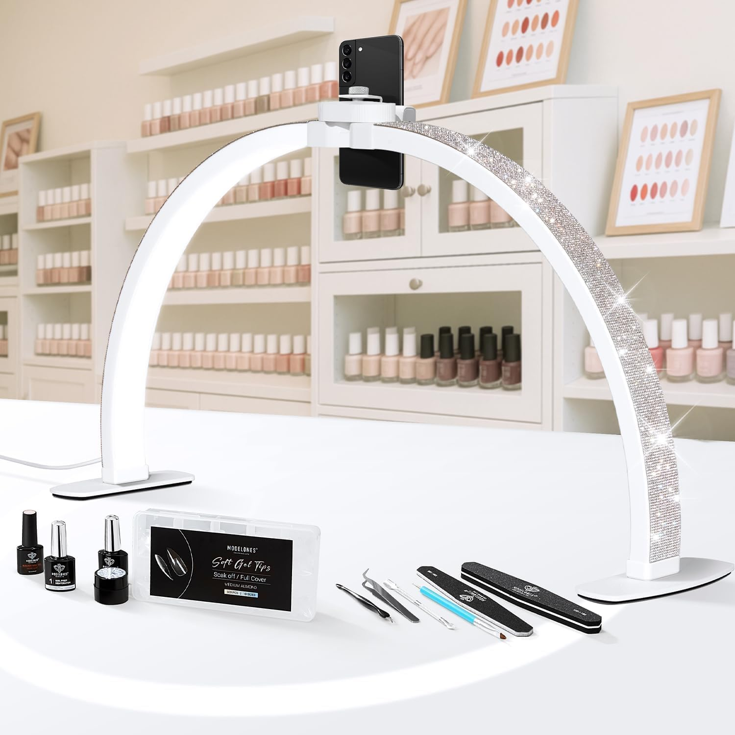 Half Moon Light for Nail Desk, 55CM Nail Table Lamp with Phone Holder, Leds Light for Beauty Manicure Eyelashes Tattoos Beauty Crafts Reading Spa with 3 Color Temperature (Crystal Diamond) - Pink image number 3