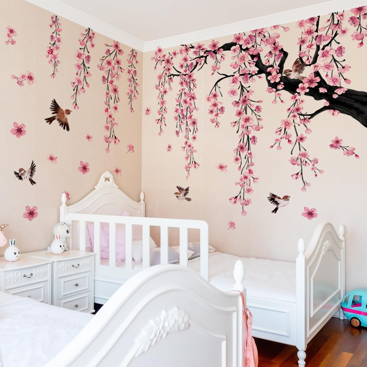 Runtoo Large Cherry Blossom Tree Wall Decals Peel and Stick Pink Floral Wall Art Stickers for Living Room Bedroom Nursery Flower Decor image number 1