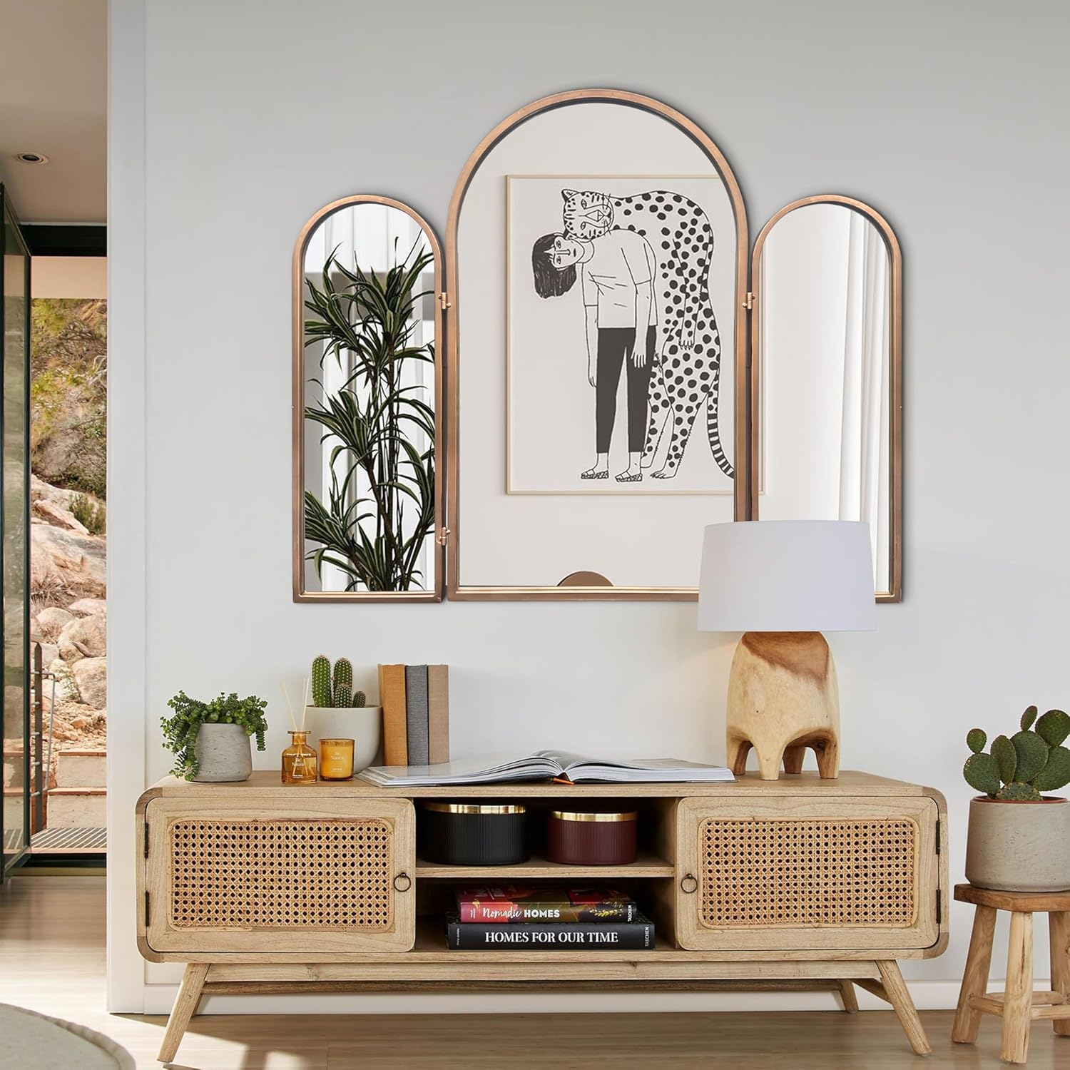 BAODANFU Trifold Vanity Mirrors 3 Way Trifold Vintage Gold Arch Mirrors Wall Mounted Decoration, Braiding Hair, Makeup 360&deg; Way image number 4