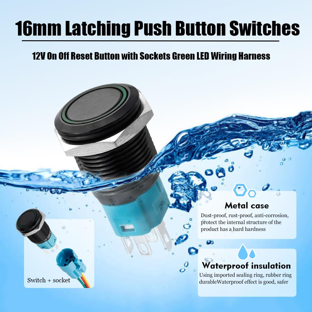 Yakamoz 2Pcs 16Mm Latching Push Button Switches, 12V on off Reset Button with Sockets Green LED Wiring Harness, Waterproof Marine Push Button for Car (Black Shell) image number 2
