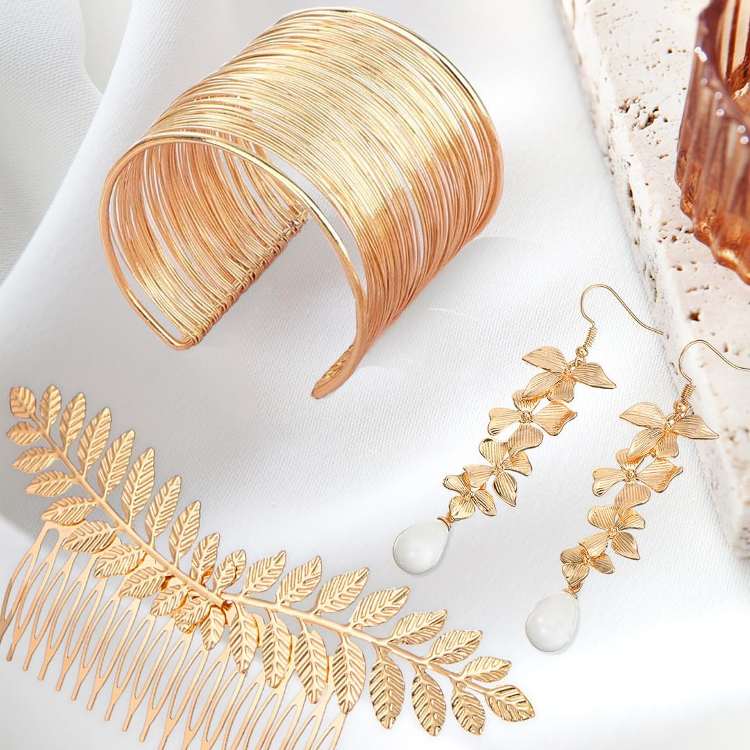 Laurel Wreath Headband Headdress Gold Set, Greek Goddess Golden Jewellery Costume Accessories Women, Golden Crown Headband Leaf Spool Upper Bangle Bracelet Earrings Metal Hair Accessories image number 5