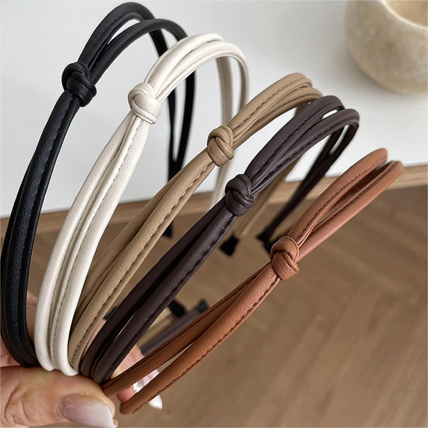 WOVOWOVO 5Pcs Thin Leather Headbands for Women Fashion Hair Bands for Women'S Hair Non Slip Black Brown Skinny Headbands Cute Accessories for Women