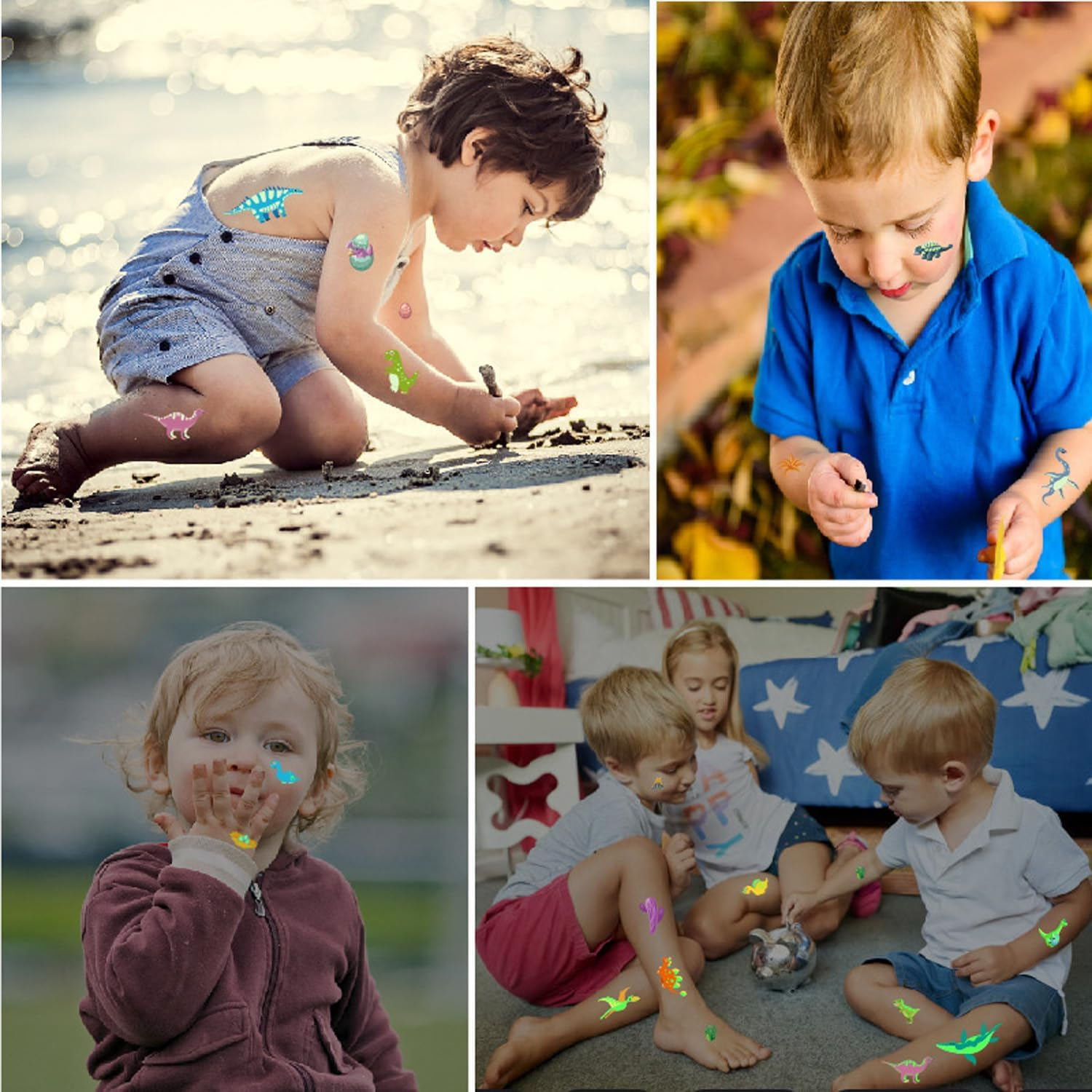 Dinosaur Temporary Tattoos for Birthday, 10Pcs Dino Cartoon Glow in the Dark Tattoos, Waterproof Fake Tattoos Body Face Stickers Decorations, Birthday Party Favor Supplies Gifts Dino