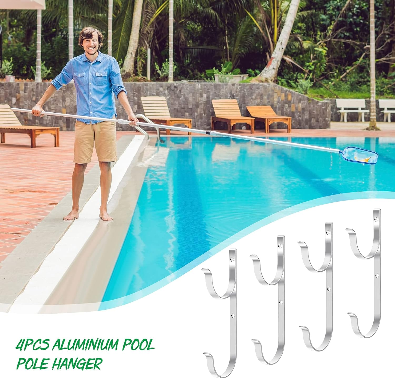 Coolrunner 4Pcs Pool Pole Hangers, Aluminum Pool Equipment Hooks with 8 Screws Pool Organizer Hooks Fence Holder for Pool Hose Skimmer Net Pool Brush Fishing Rod Gardening and Pool Supplies image number 6
