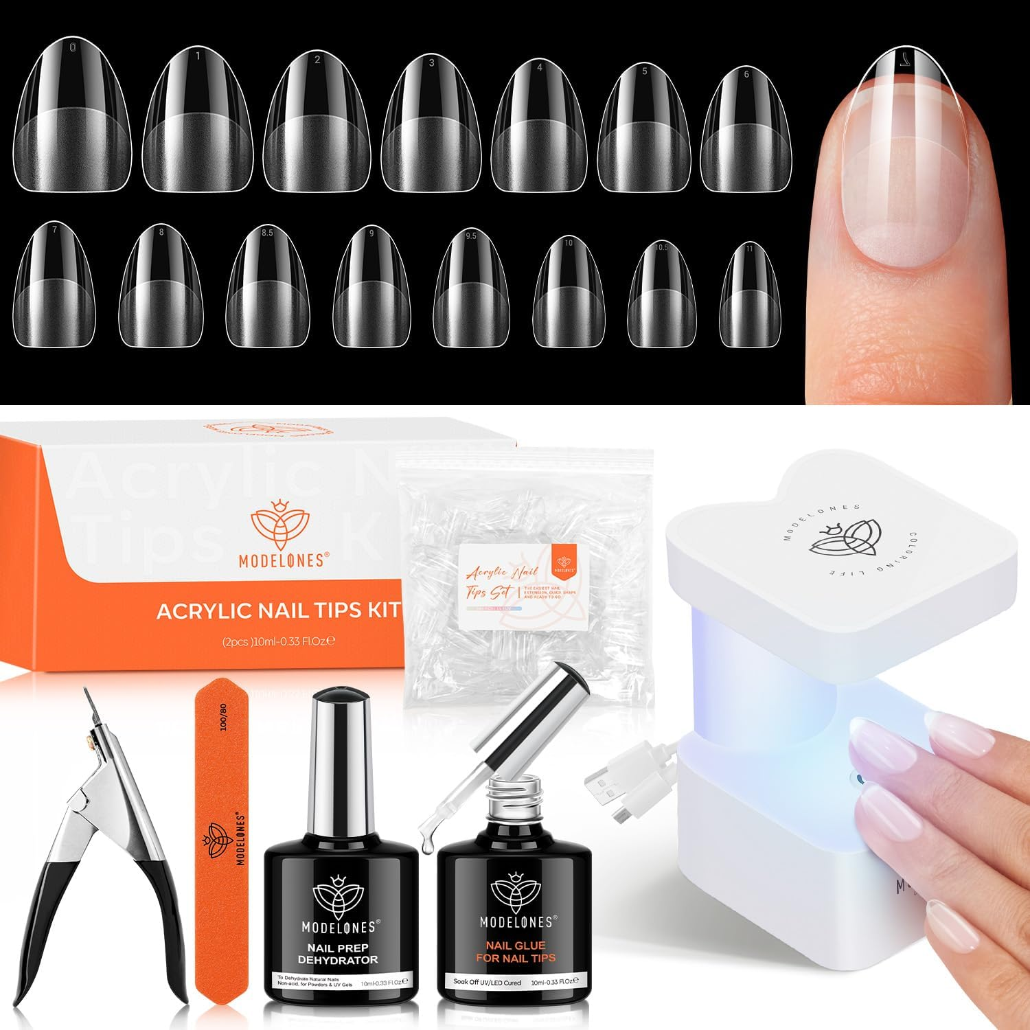 Modelones Gel Nail Kit Short Coffin, Upgrade 510Pcs Fake Nails 15Sizes, 9-In-One Glue Prep Dehydrator & Mini U V Light Clipper, Pre-Shaped Half Matte Press on Short Coffin Tips for DIY Salon