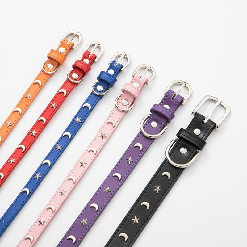 Leather Cat Collars for Boy Girl Cats with Bell and Safety Elastic Belt, Personalized Star and Moon Stud Adjustable Safe Buckle Collar for Kitty Small Big Cats (Purple, S)