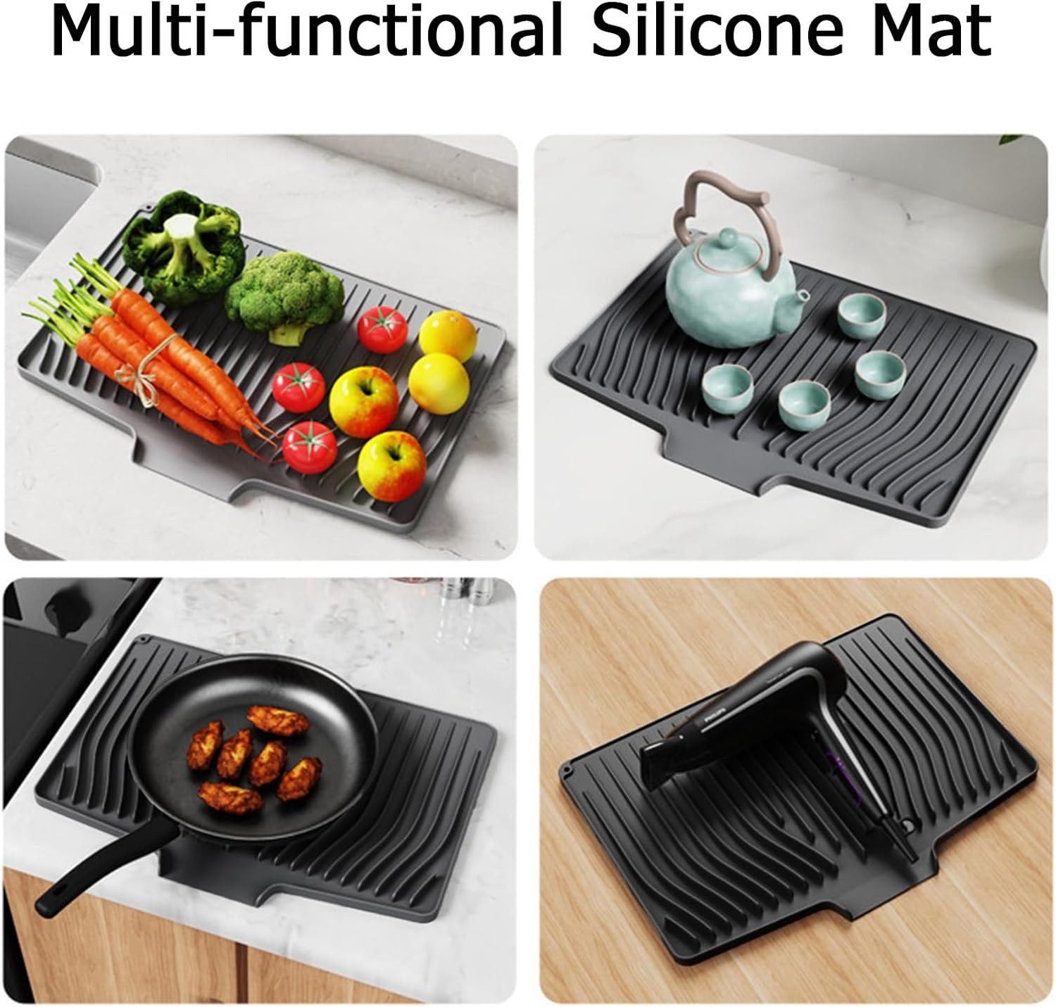 Silicone Dish Drainer Mat, Silicone Dish Drying Mat for Kitchen Counter, Multifunctional and Foldable Sloped Draining Mat, Heat-Proof & Non-Slip Drain Pad with Built-In Drain (Black) image number 4