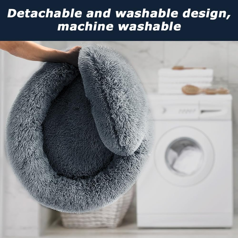 MOTRAIN Calming Dog Bed & Cat Bed, Donut Dog Bed for Small, Medium Dogs, Anti-Slip & Washable round Dog Bed, Fluffy Faux Fur Plush Dog Cat Cushion Bed, 23.6Inch, Deep Grey