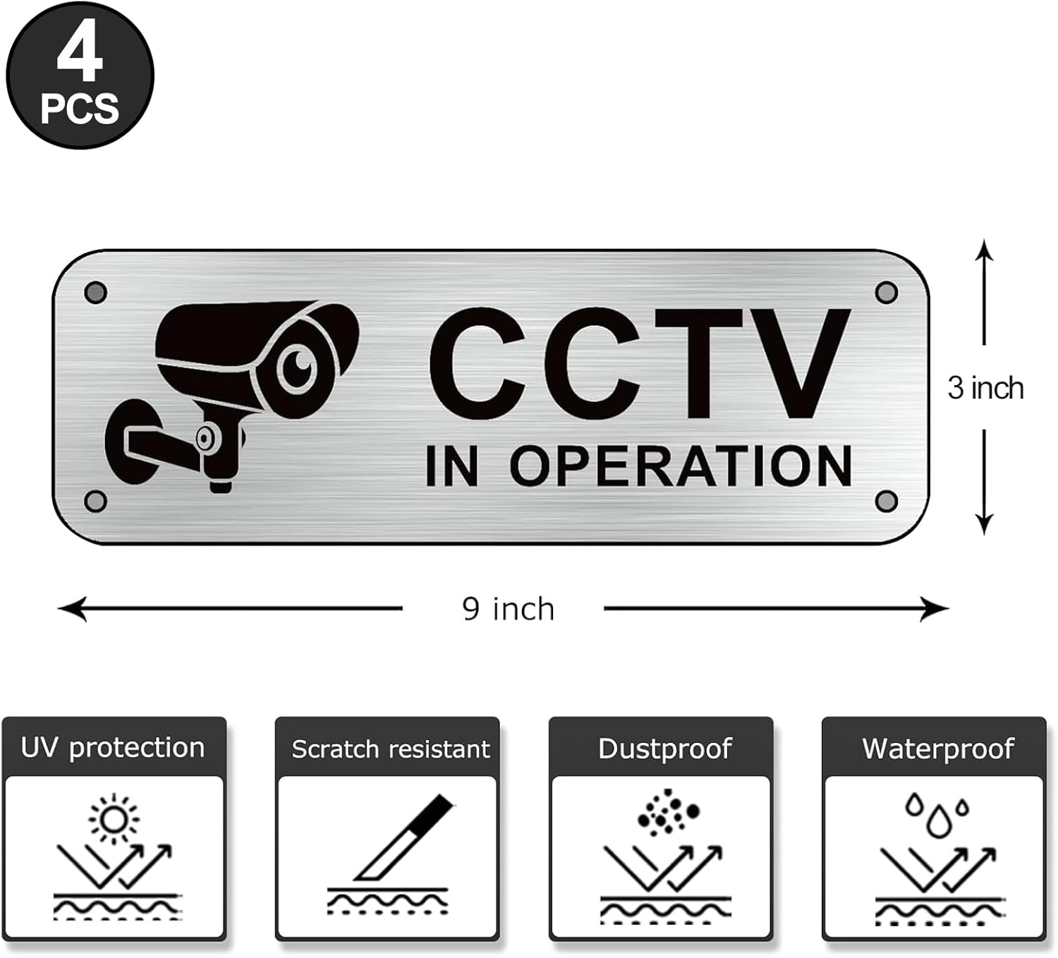 4 Pack CCTV in Operation Signs - 5.91X1.97 Inches Small Brushed Aluminum CCTV Warning Stickers, Self-Adhesive Waterproof CCTV Signs for Doors, Walls, Windows Indoor/Outdoor