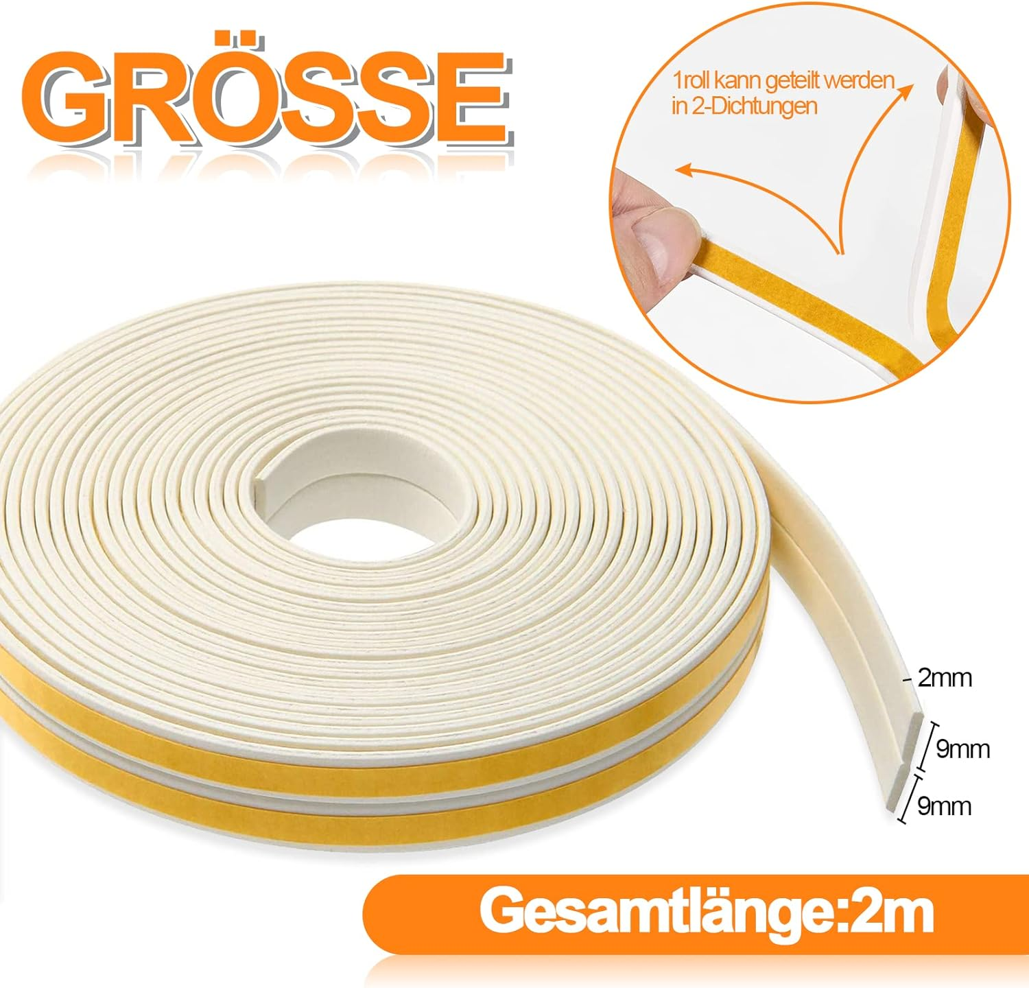 12 M Self-Adhesive Sealing Tape for Doors Windows, 9 Mm (W) X 2 Mm (D) Foam Tape, Foam Strips, Door Seal Window Rubber Seal for Anti-Collision, Soundproofer, Waterproof (White) image number 2