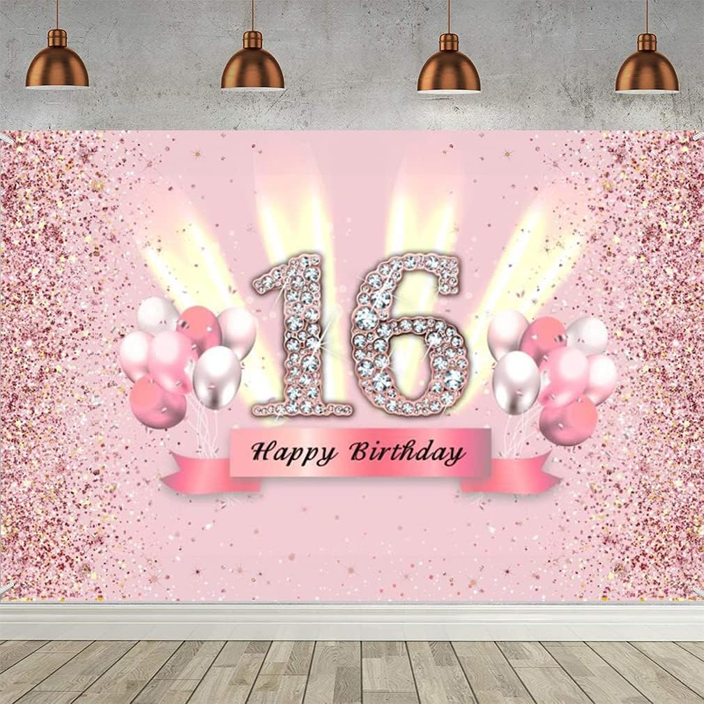 16Th Birthday Decorations for Girls, Backdrop Banner Party Deco Girl 16 Years Old Anniversary Party Fabric Sign Poster Pink Photo Background 16Th Birthday Party Supplies, 59"X35.4" image number 3