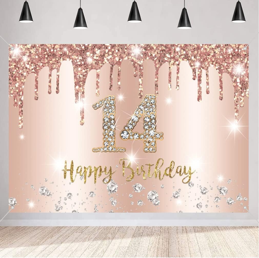 Happy 14Th Birthday Decorations Backdrop Banner for Girls Happy 14 Years Old Party Sign Poster Girl Rosegold Photography Background 14Th Birthday Party Supplies, 59"X35.4" image number 3