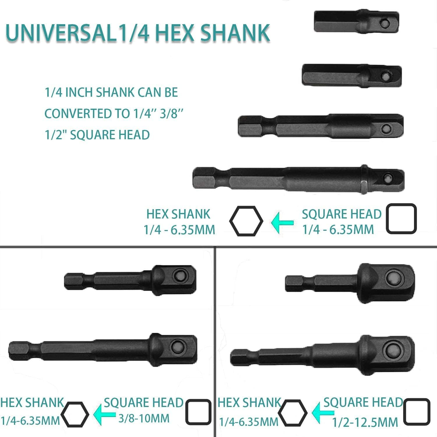 KEWAYO 8Pcs Power Drill Sockets Adapter Sets 1/4" 3/8" 1/2", 1/4 Inch Hex Shank Impact Driver Socket Adapter, CR-V Quick Change Nut Driver Socket Bit Set image number 4