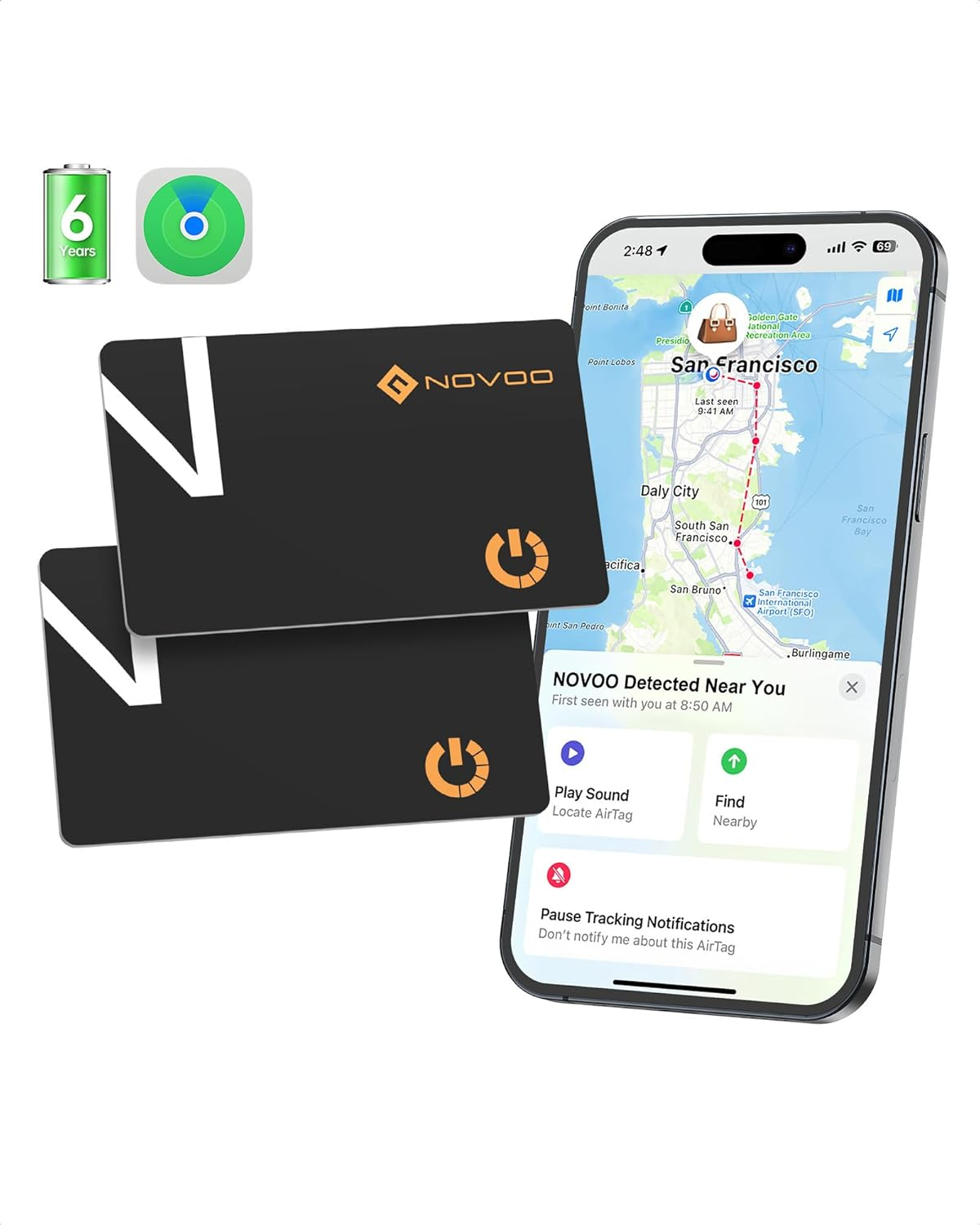 NOVOO Thinnest Smartcard Wallet Tracker 1.6Mm, 6-Year Battery Life,Works with Apple Find My(Ios Only),Smart Bluetooth Tracker Thin GPS Item Finder for Purse,Luggage Tag,Passport,Ip68 Waterproof 2 Pack image number 4
