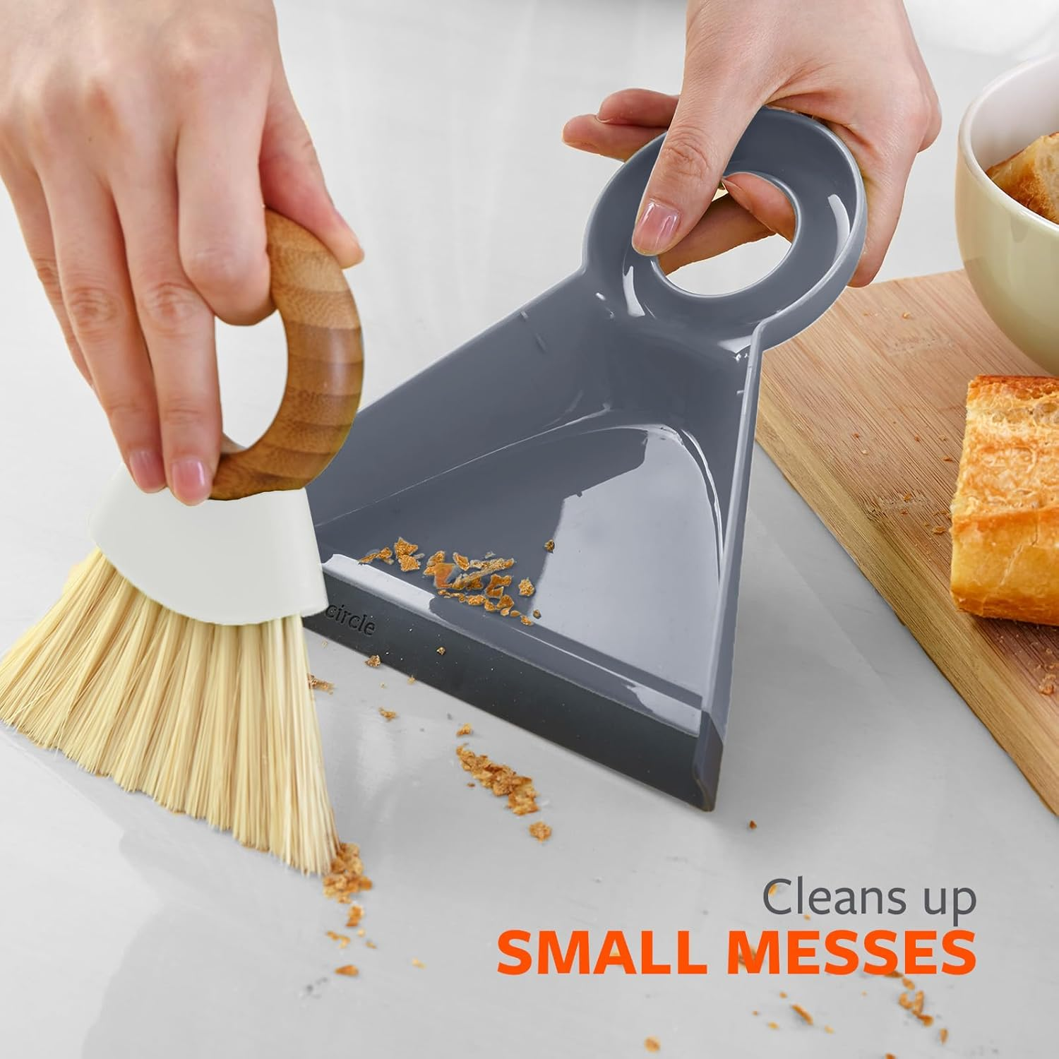 Full Circle Tiny Team Mini Dustpan and Brush Set - Compact Portable Handheld Broom for Quick Cleanups | Ideal for Kids' Mealtime Messes | Small Crumb Sweeper | Non-Toxic Coating | White/Grey image number 2