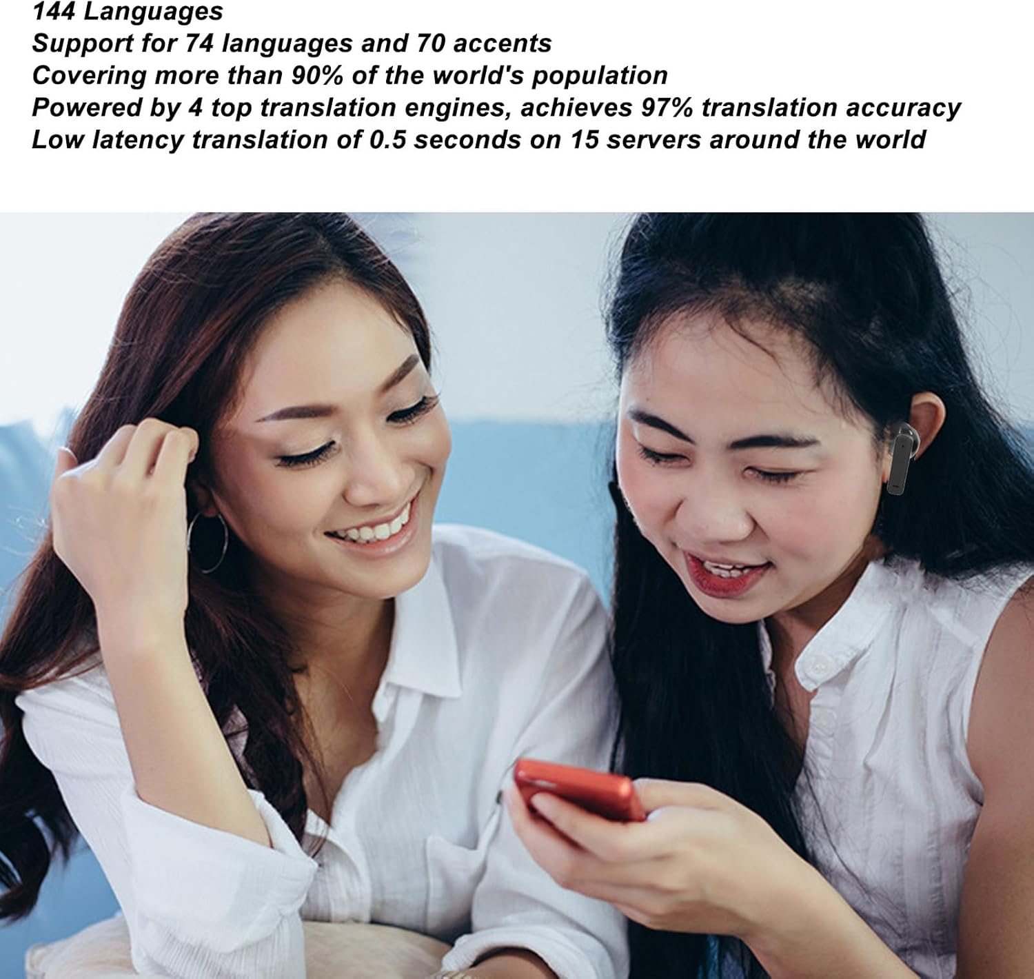 Bluetooth Translator Earphones, 74 Languages, 70 Accents, Voice Translator Device for Travel, Stereo Noise Reduction, Wireless Bluetooth Translation Earphones with Case (Black) image number 5