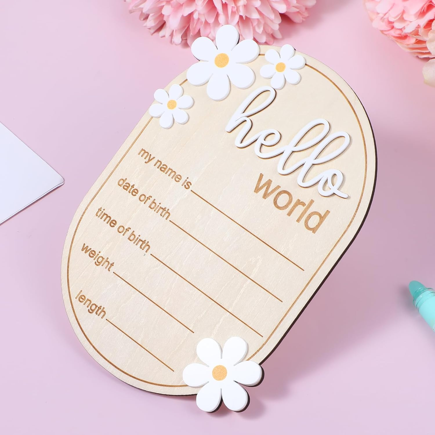 YQQYG Hello World Sign, Wooden Newborn Announcement Sign Birth Announcement Signs for Hospital Nursery Baby Room Baby Baptism Daisy Decoration image number 2