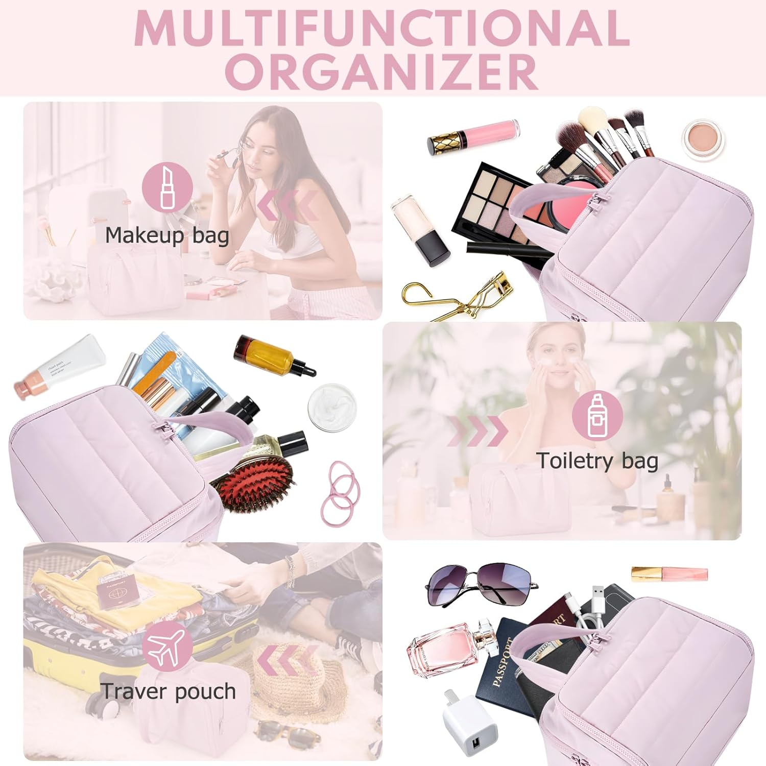 WODHMIEY Travel Toiletry Bag, Puff Large Capacity Cosmetic Bag, Spacious Toiletry Organizer for Women Travel, Waterproof PVC Lining, Wide Opening Dual Side Design, Lightweight Portable