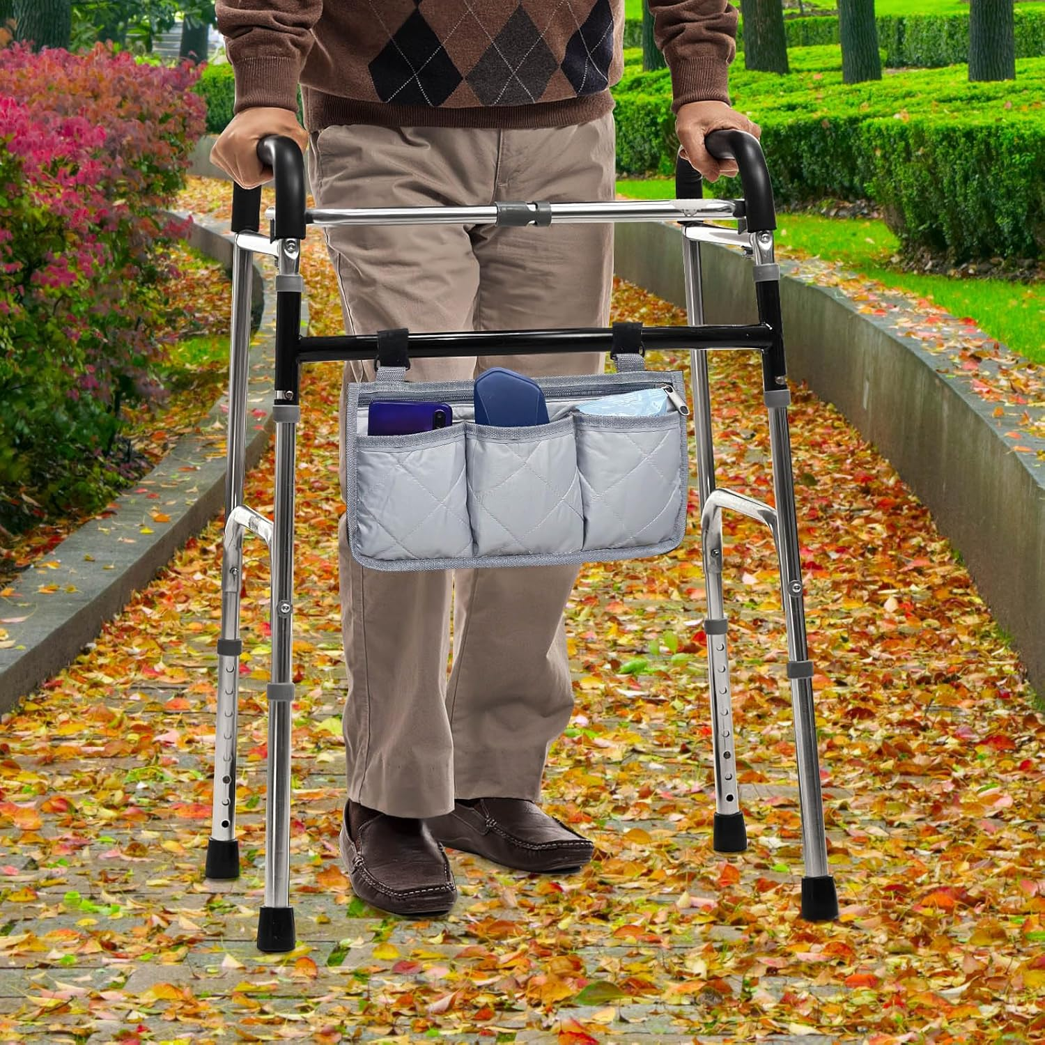 2 PCS Wheelchair Bag and Reflective Stripes, Black and Gray Wheelchair Side Bag, Wheelchair Accessories for Seniors, Wheelchair Armrest Side Bag for Manual Wheelchair, Electric Wheelchairs, Rollator and Walker (Gray) image number 3