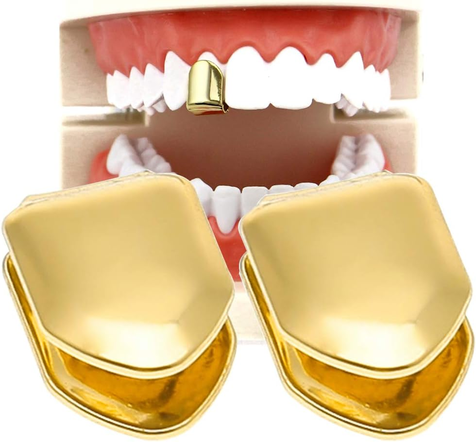 TCOTBE 2 Pieces 14K Plated Gold Grillz Mouth Teeth, Hip Hop Teeth Plain, Top Tooth Single Grill Cap for Teeth Mouth, Party Accessories Teeth Grills (Color : Gold) image number 1