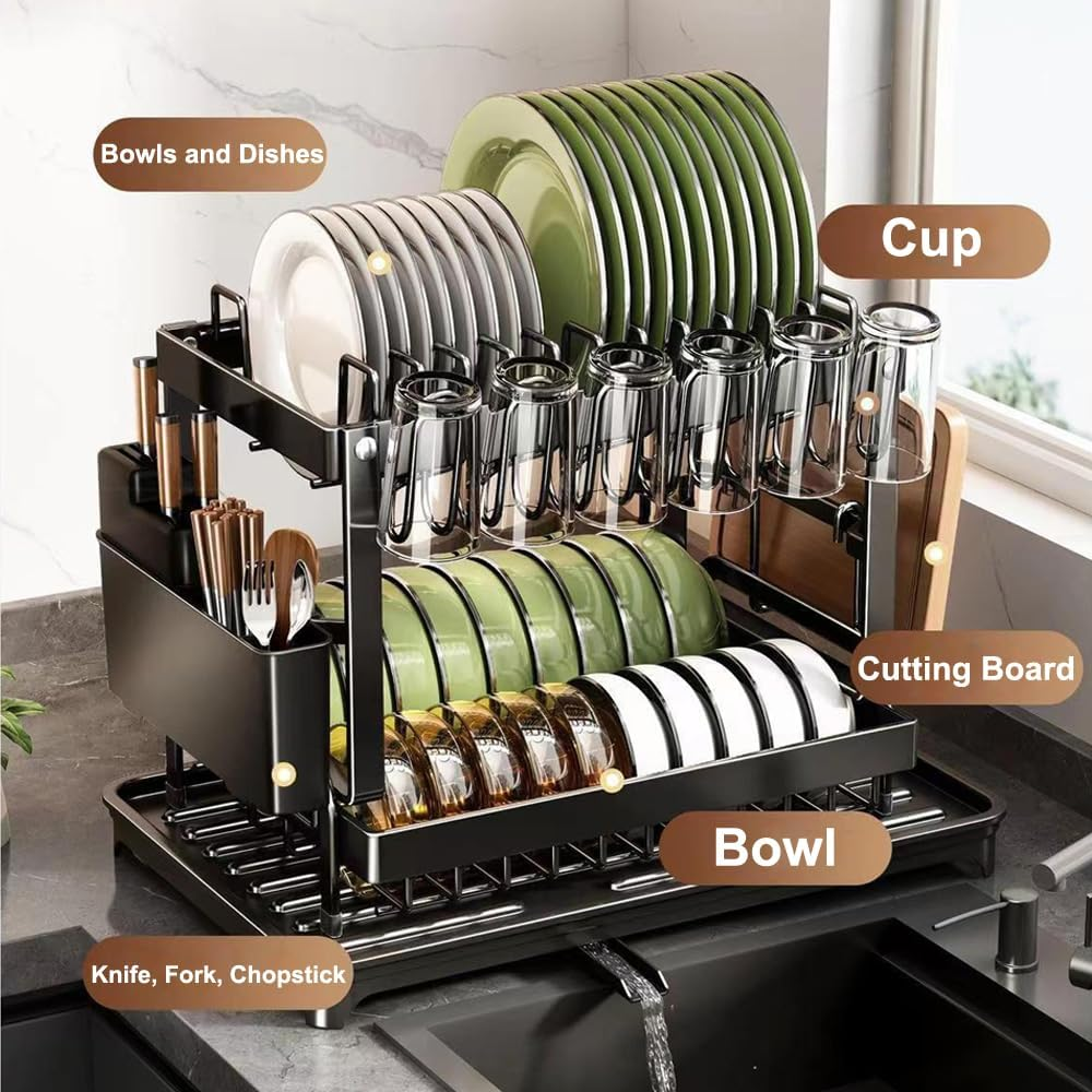 Dish Drying Racks for Kitchen Counter Large Capacity Double-Layer Dish Drying Rack - with Knife/Utensil & Cutting Board Holder, Drainage Tray