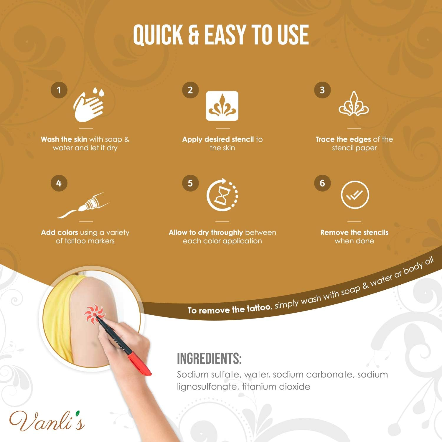 Vanli'S Temporary Tattoo Markers - Stocking Stuffers for Teens, Kids, Adults, Trendy Body Marker, Skin Safe & Colored Ink Tattoo Pens for Body & Face Art with 50 Tattoo Stencil Papers, 13 Pens-Variety image number 3