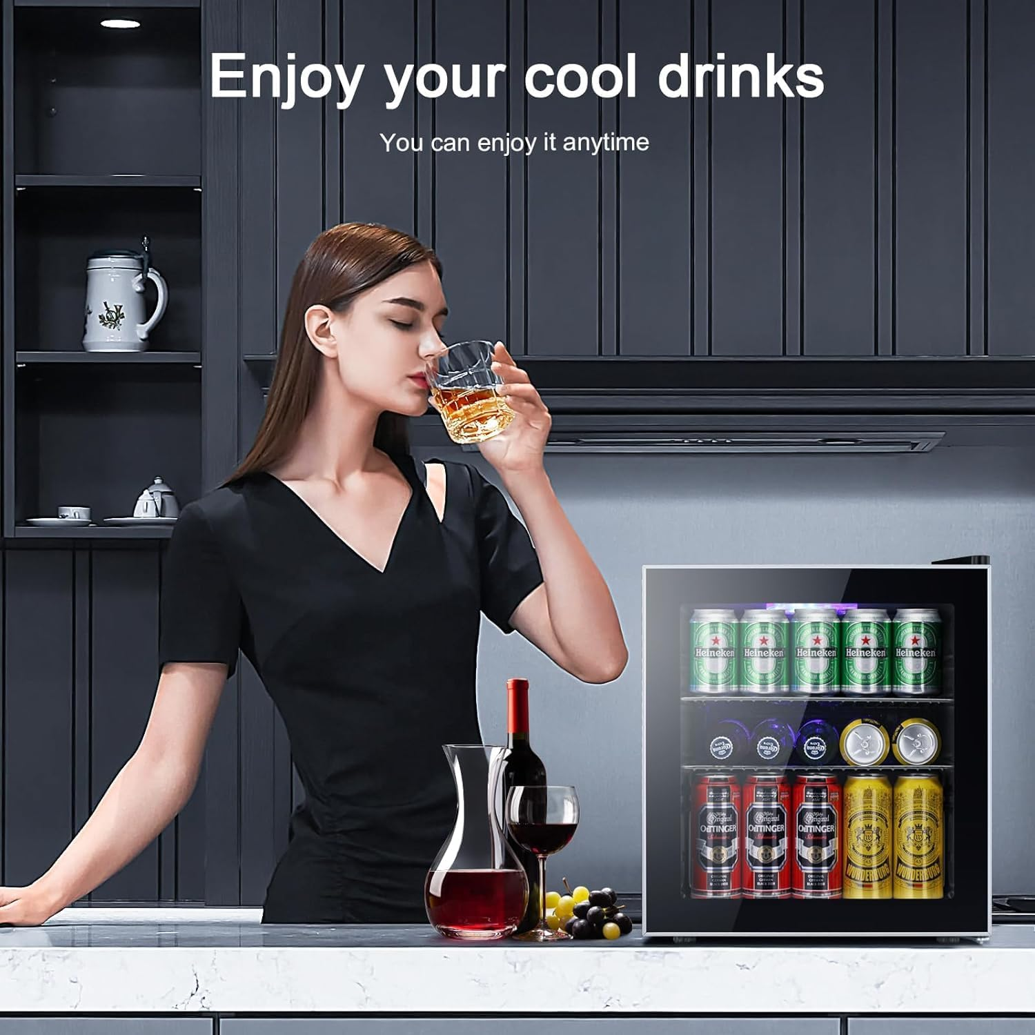 Glass Door Bar Fridge 46L Beverage Refrigerator, Freestanding Ultra Cool Mini Drink Fridge, Small Drink Dispenser Machine Black image number 6
