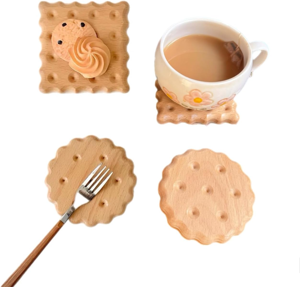 4PCS Wooden Drink Coasters Coaster Set | Square and round Biscuit Design | Wood, Natural | Home Decor, Kitchen | Cups and Mugs, Drinkware image number 3