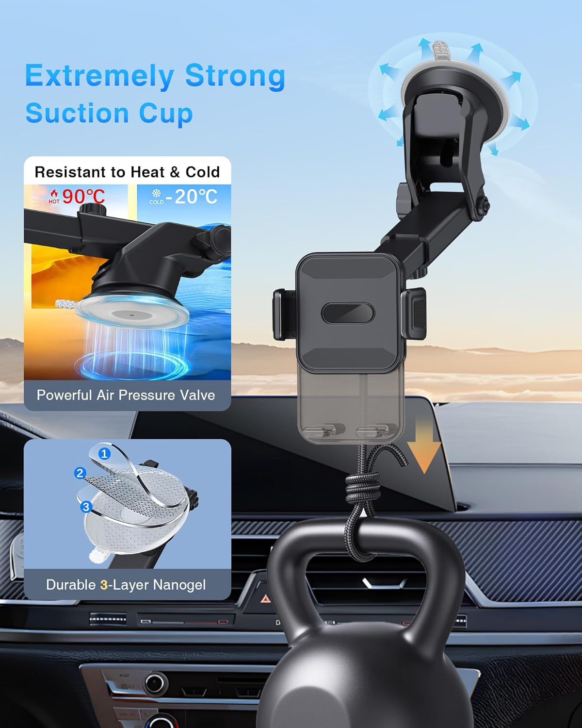 OUNAIDE Car Phone Holder Mount, 3-In-1 Dashboard Windshield Air Vent Phone Mount with Strong Grip, Rotatable Car Vent Phone Holder for Iphone, Samsung Galaxy & All Smartphones image number 1