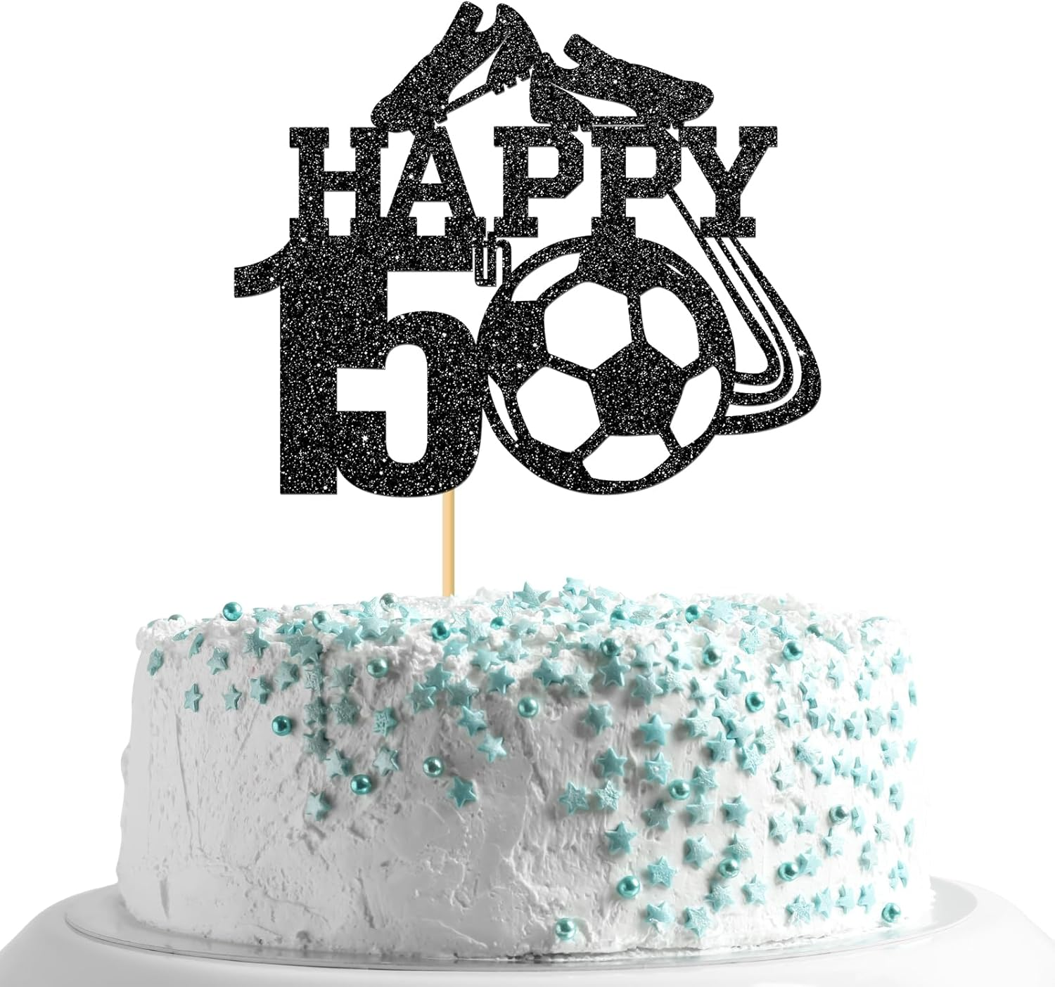 Monmon & Craft Soccer 15Th Birthday Cake Topper/Sport Theme Soccer Ball Cake Docer/Soccer Player Boy 15Th Birthday Party Decorations - Black Glitter image number 5