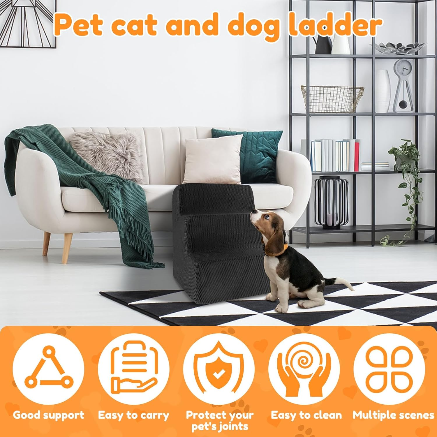 Dog Stairs for Small Dog, 3-Step Dog Steps for Bed, Practical Pet Stairs for High Bed Climbing, Washable Pet Ladder with Removable Cover, Curved Puppy Slope Stair for Sofa Low Bed Couch ﻿