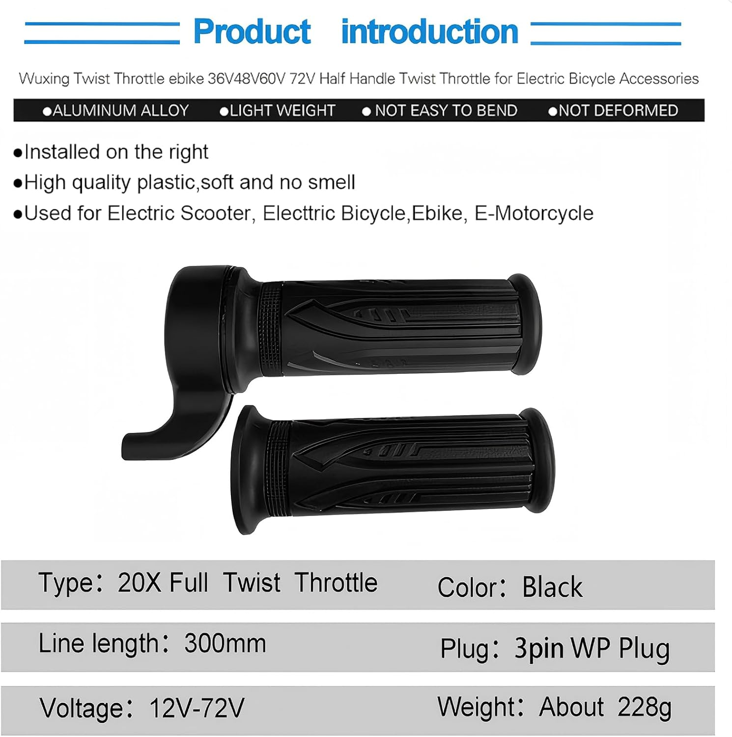 Ebike Throttle, 20X Full Twist Throttle for Ebike, Electric Bicycle Scooter Handlebar for Conversion E-Bikes or Scooters, 3 PIN Plug, 12V-72V Twist Throttie