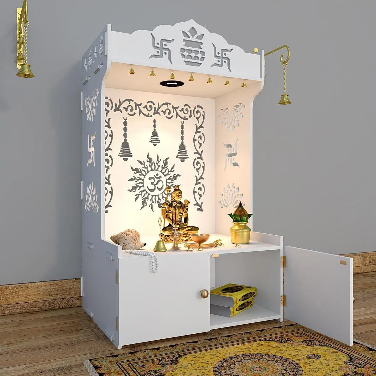 Divine Illumination Aesthetic Wooden Temple for Home with Spacious Shelf Inbuilt Focus Light - White Finish image number 2