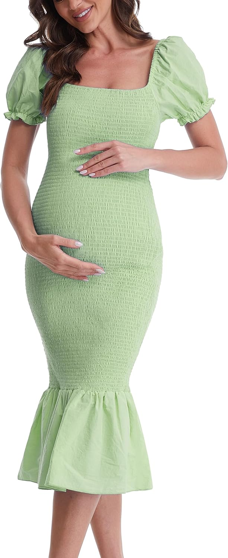 Maternity Summer Midi Bodycon Dresses, Short Puff Sleeve Square Neck Ruffle Hem Mermaid Baby Shower Dress