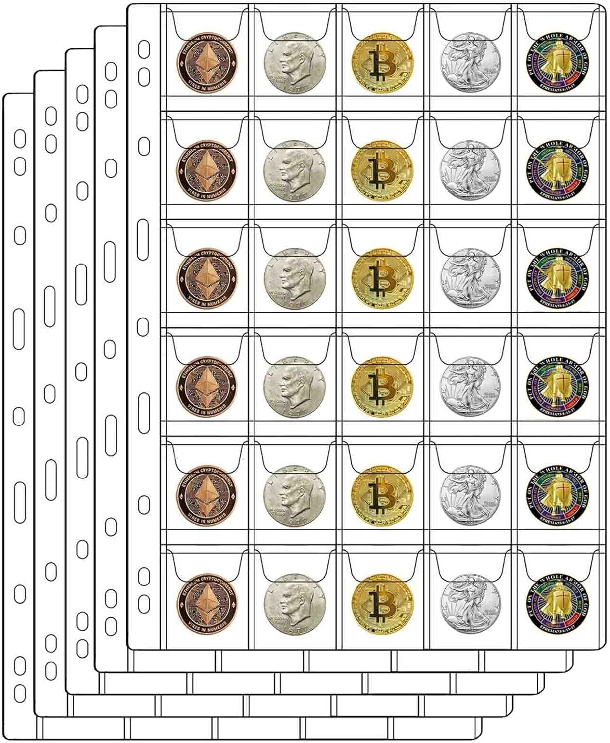 30-Pocket Coin Pages for Collectors, Standard 9-Hole Coin Collection Pages Fit Most Binder, Coin Collecting Supplies, Coin Sleeves for Coin, Stamp, Badges Etc (30 Pocket - 5 Sheets) image number 2